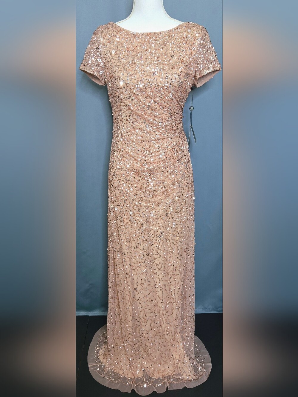 Adrianna Papell Rose Gold Sequin Draped Formal Gown Art Deco MOB/MOG NWT 6